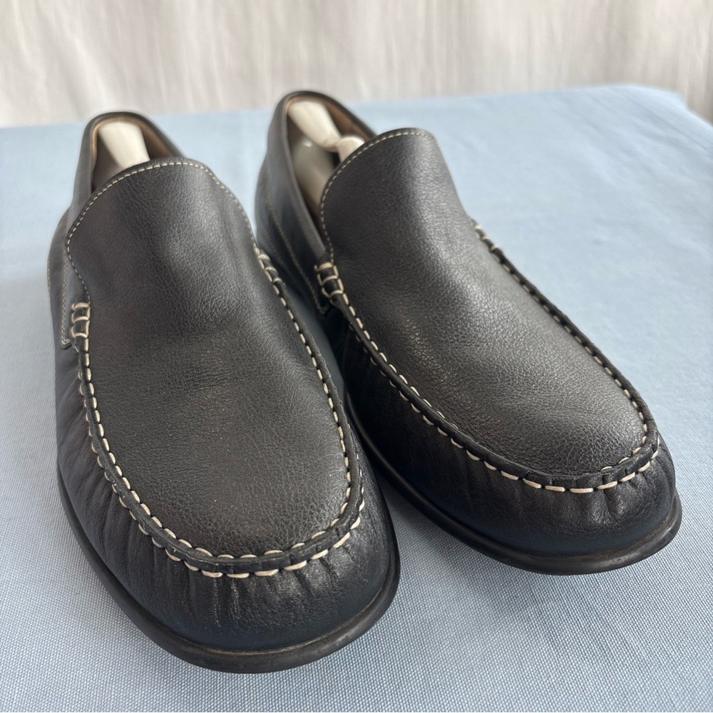 Ecco 571004 Men's Black Leather Slip-On Loafers with Ivory Stitching Size US 14